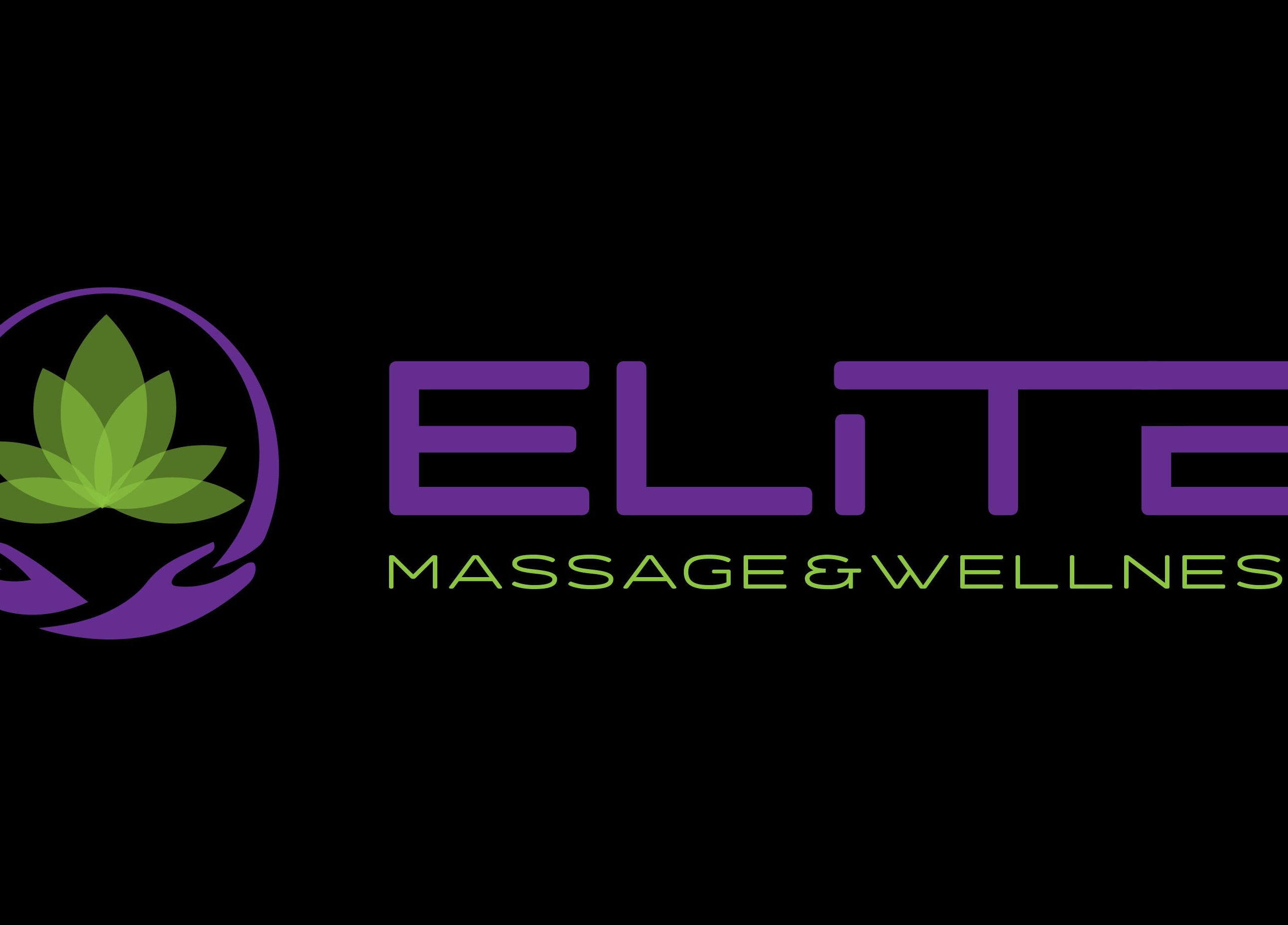 Elite Massage & Wellness logo with purple text and green leaf emblem, Bloomfield, Connecticut, US.
