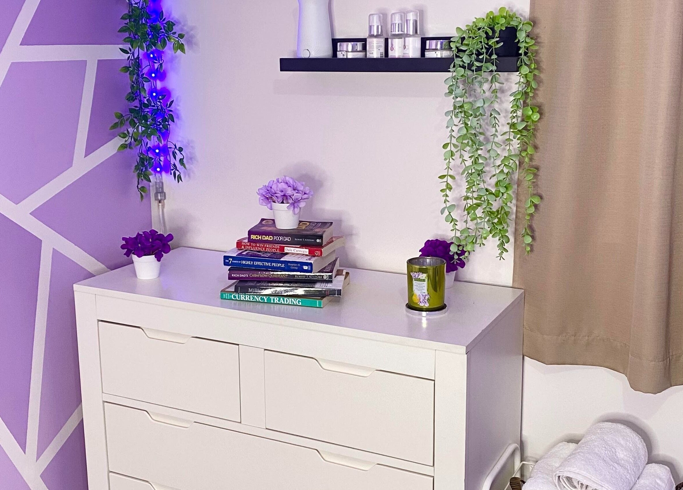 Elegant decor at Exotic Touch in Barrie, Ontario, CA, featuring a chic purple wall and potted greenery.