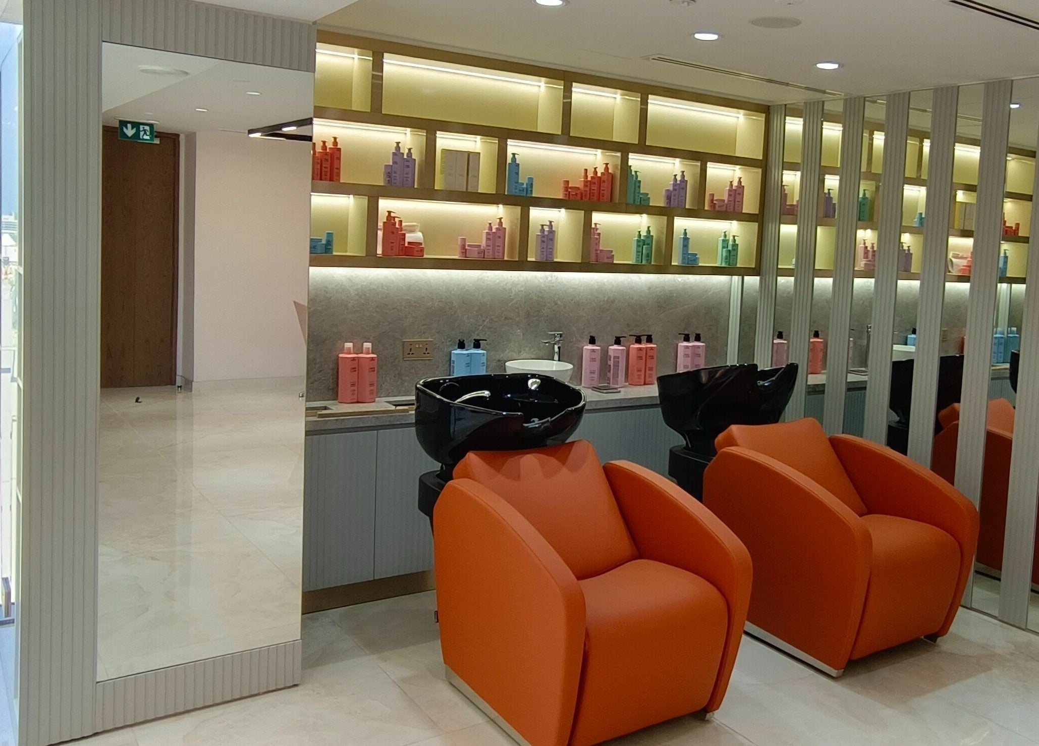 Elegant salon chairs and product display at Le Michel Salons Palm Jumeirah, Dubai, Dubai, AE.
