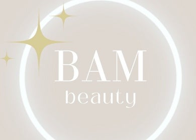BAMbeauty logo with gold stars on a soft beige background in Dundee, Scotland, GB.