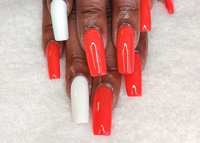 Bright red and white manicure at Nails by Nashy, Cape Town, Western Cape, ZA.