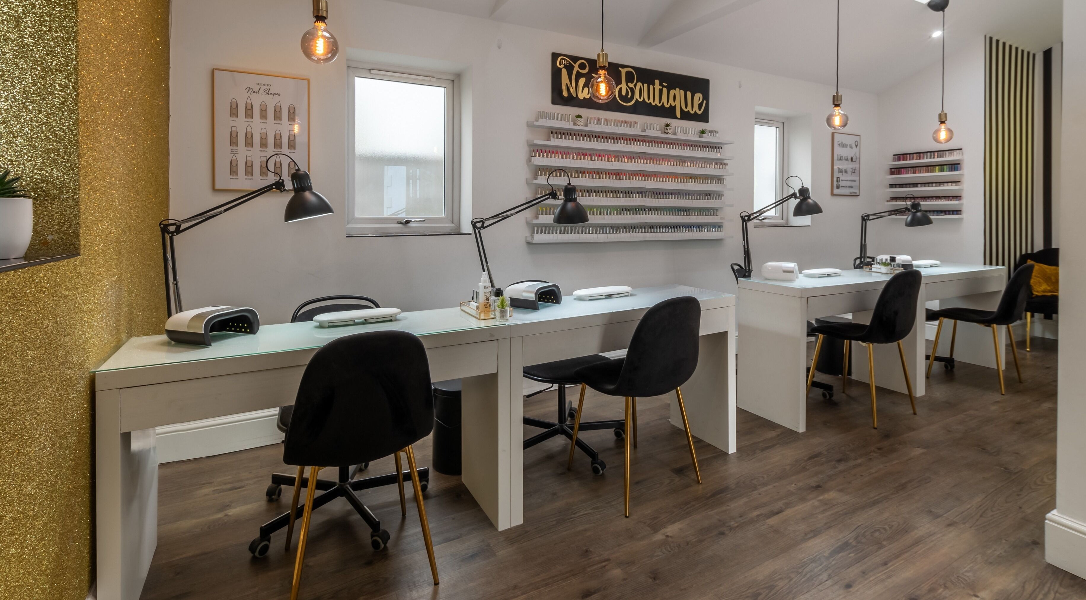 Modern nail stations at The Nail Boutique, Portsmouth, England, GB, designed for comfort and style.