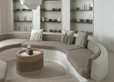 Elegant circular seating with earthy tones at Another Mars, Dubai, Dubai, AE radiates serenity and warmth.