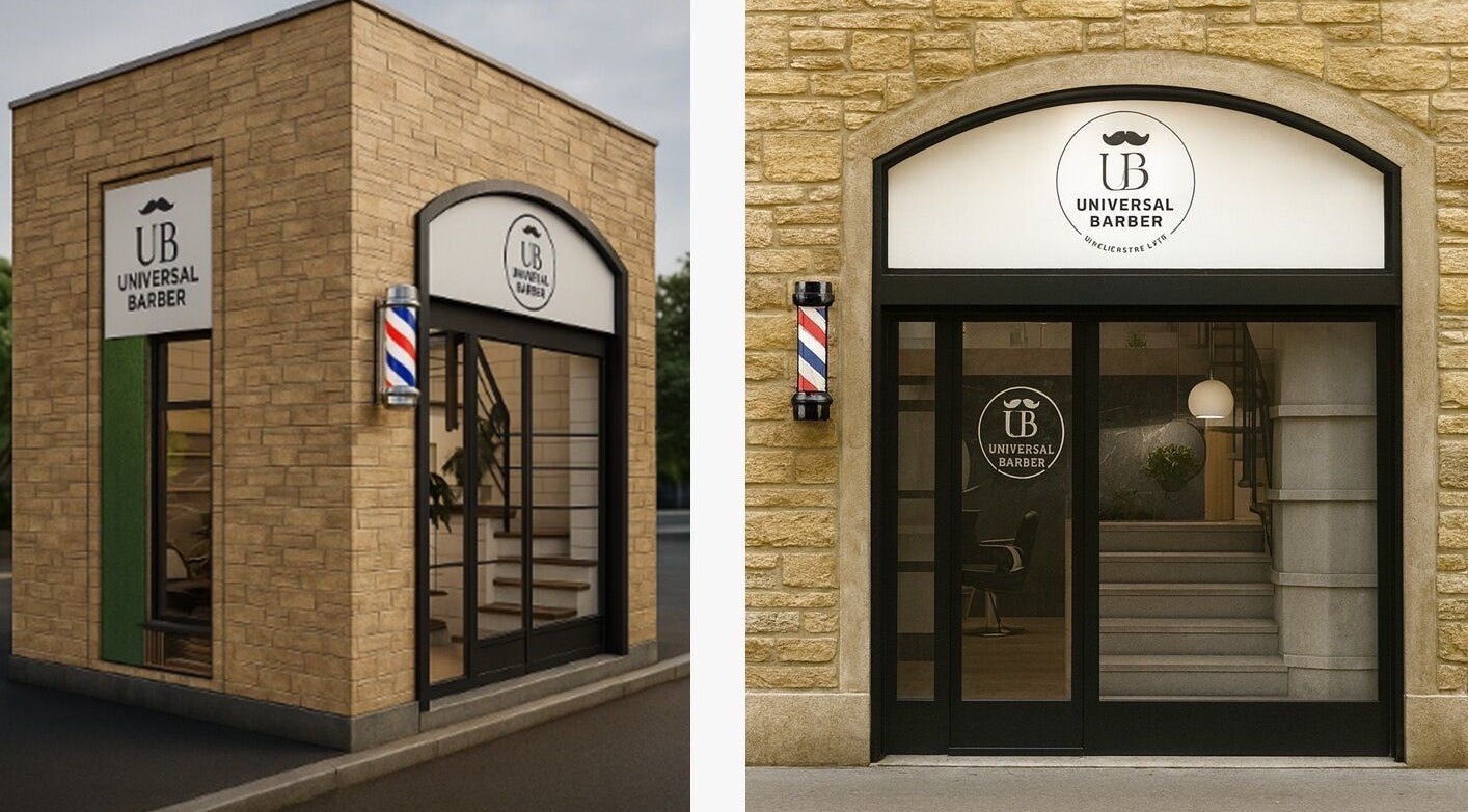 Front view of Universal Barbershop Malta located in Tas-sliema, MT, showcasing stylish exterior with barber pole.