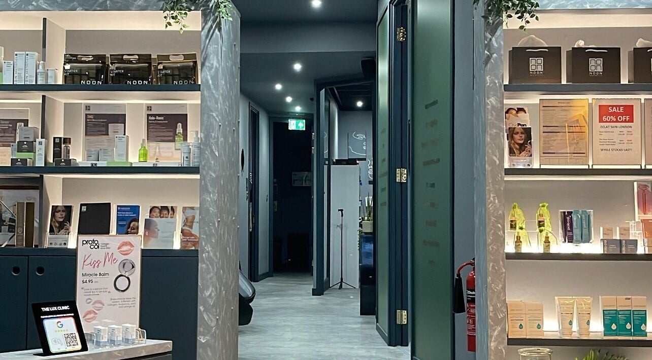 Elegantly lit skincare product display at Dr Alisha Skin, Leeds, England, GB.