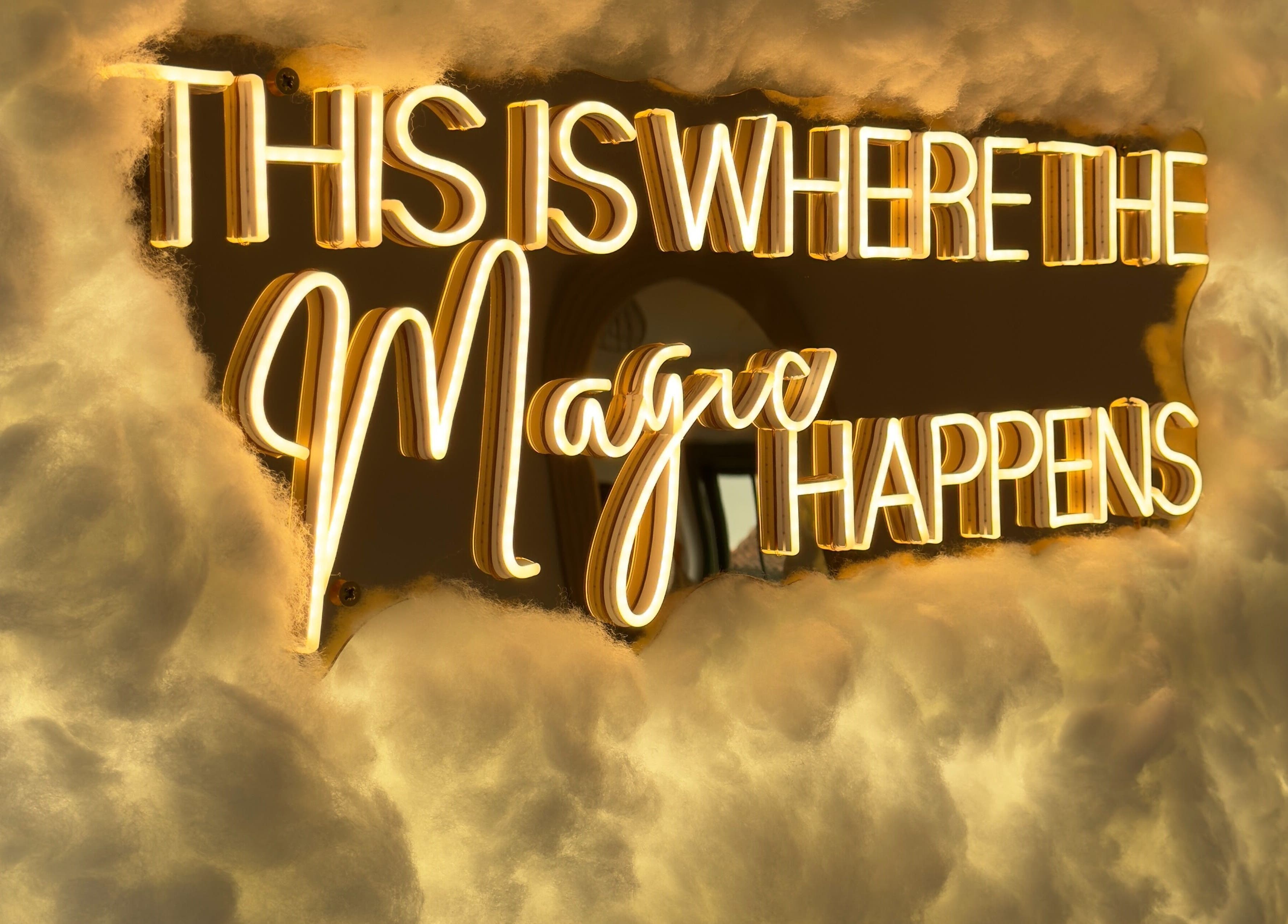 Neon sign 'This is where the magic happens' at By Bex and Co, Selby, England, GB.