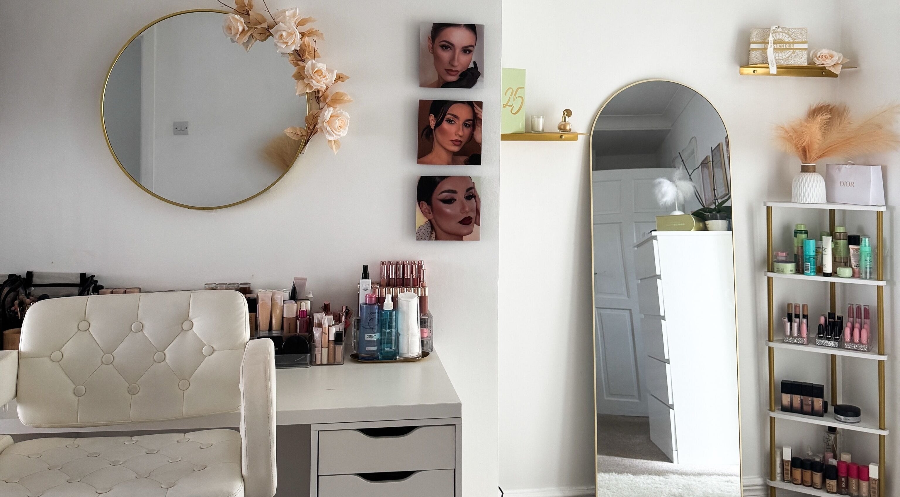 Elegant makeup studio at Marcia Makeup Artist in Liverpool, England, GB with mirrors and beauty products.