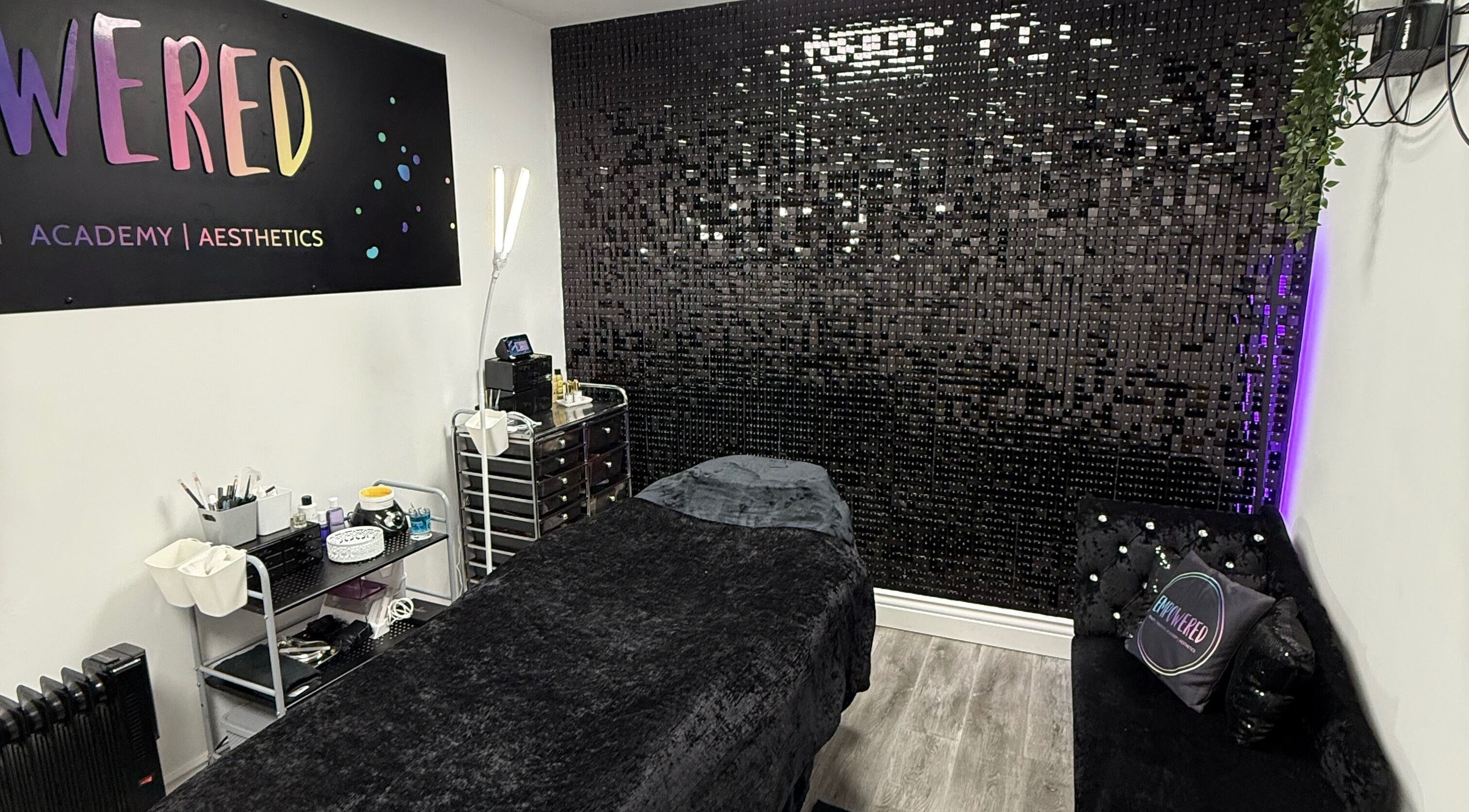 Treatment room at Empowered Beauty and Training Academy, Thornton-cleveleys, England with modern decor.