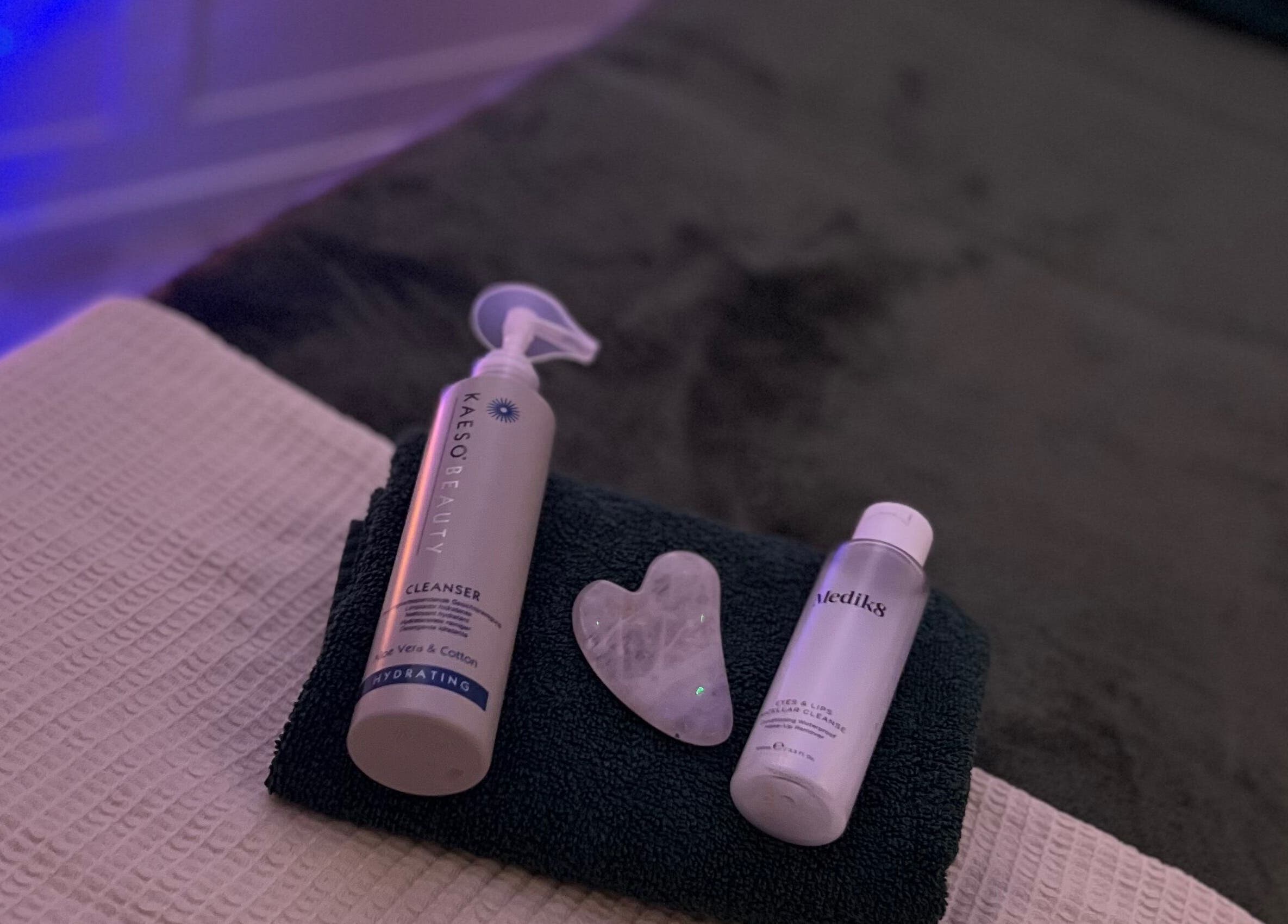 Relaxing beauty setup at Acupuncture with Natalie in Lowestoft, England, GB with skincare products.