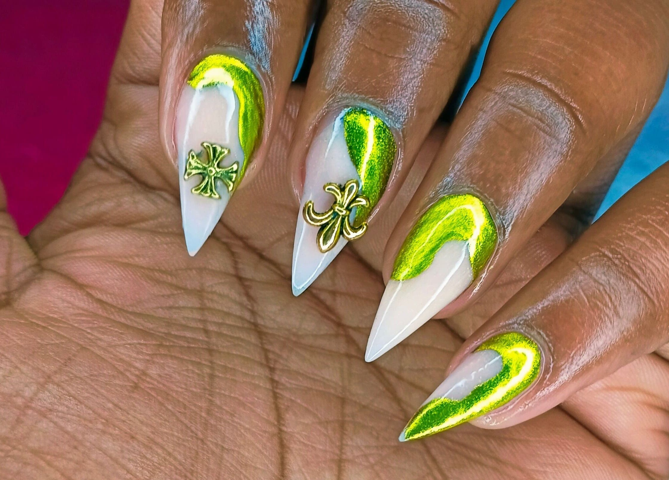 Elegant nail art with green accents at Philly's Beauty Bar, Benoni, Gauteng, ZA.