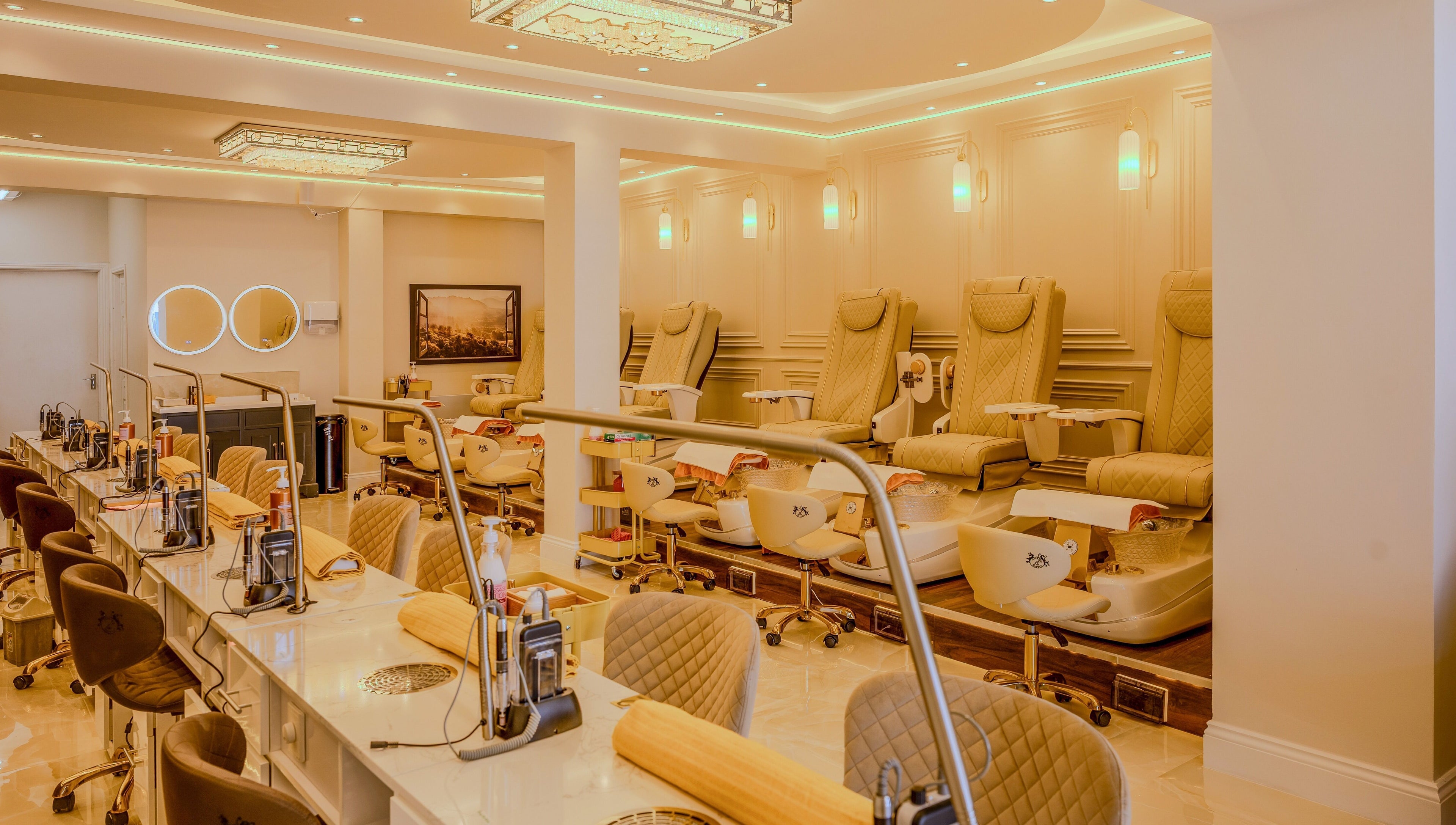 Elegant interior of Dolce Nails Naas, Naas, IE featuring luxury pedicure chairs and nail stations.