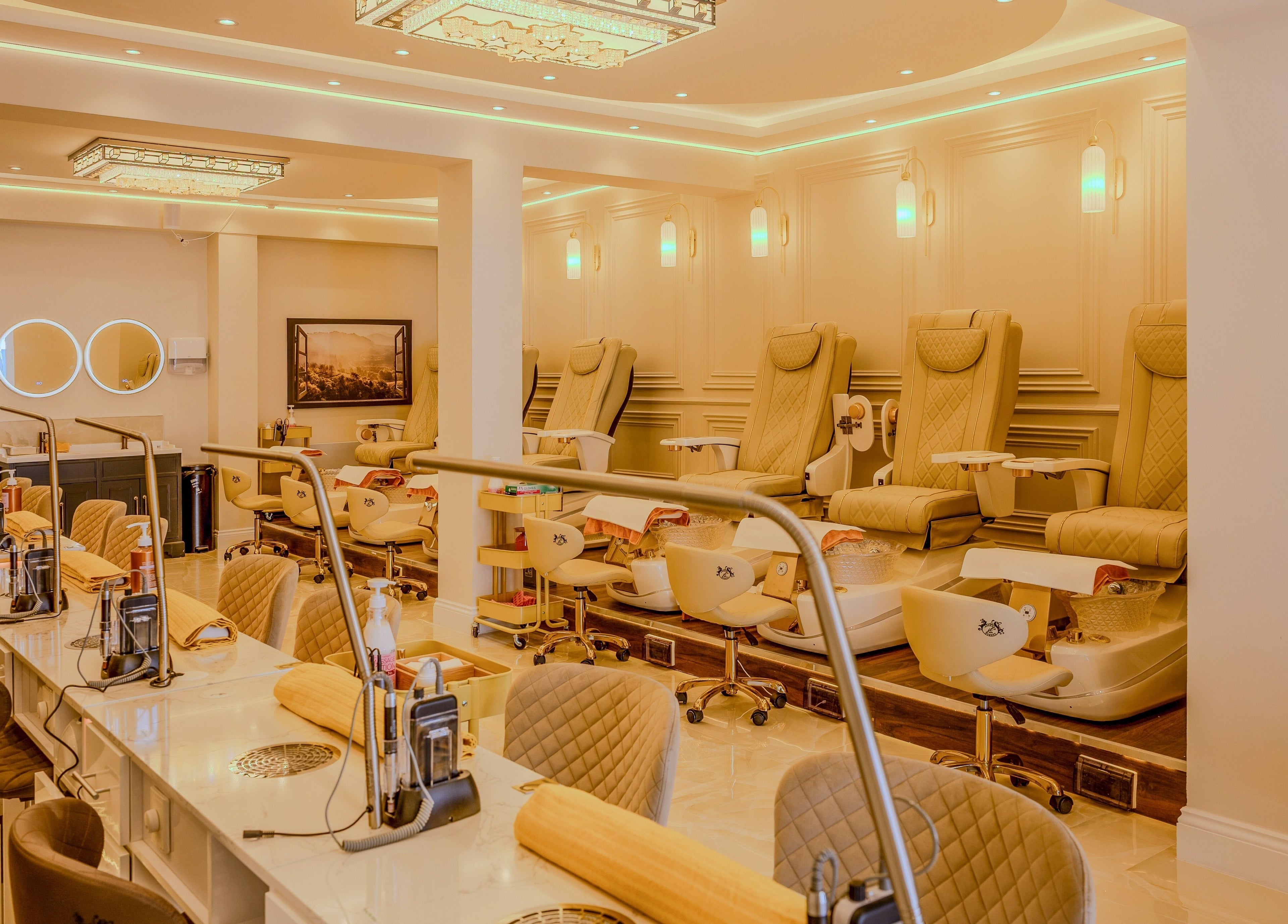 Elegant interior of Dolce Nails Naas, Naas, IE featuring luxury pedicure chairs and nail stations.