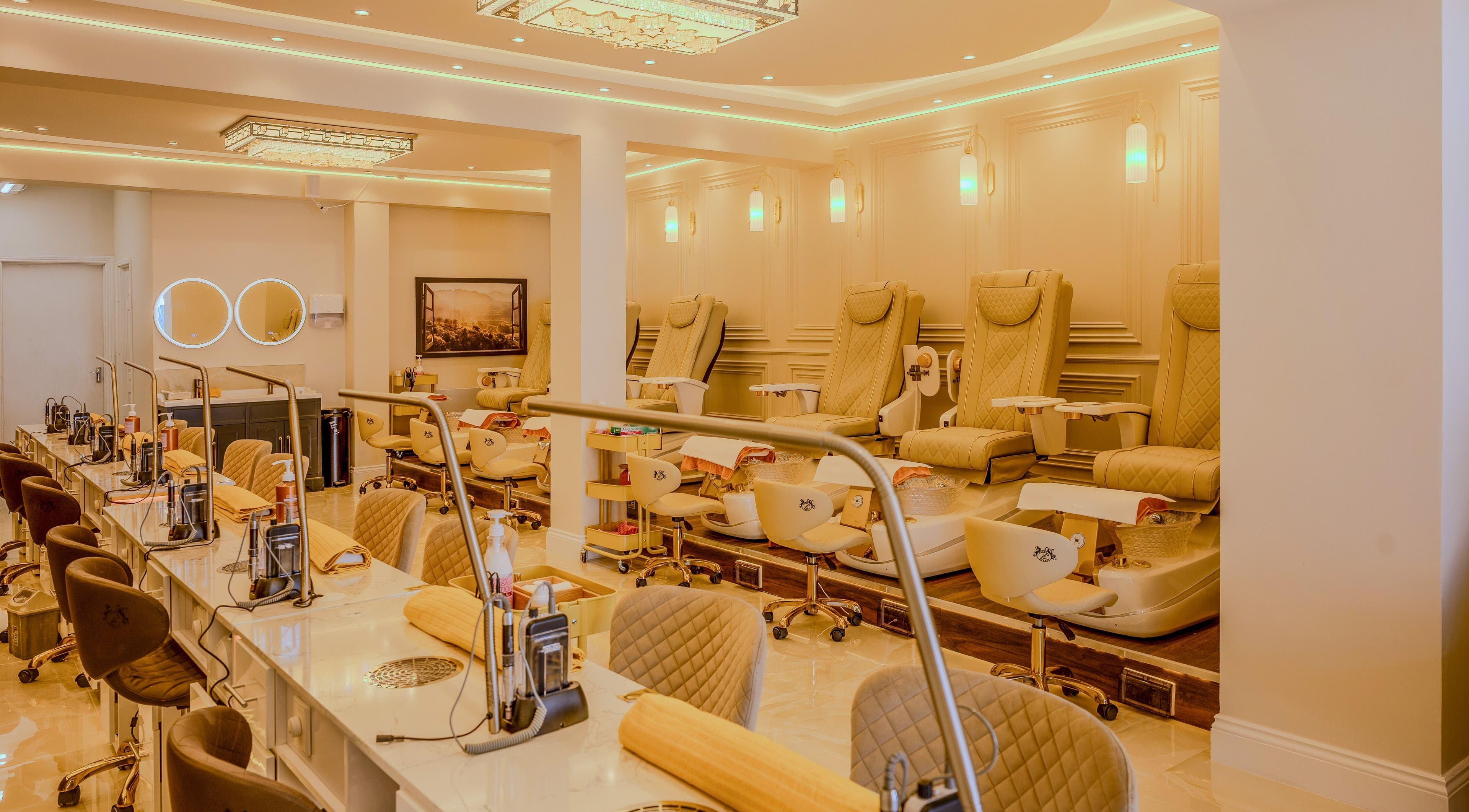 Elegant interior of Dolce Nails Naas, Naas, IE featuring luxury pedicure chairs and nail stations.