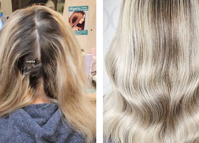 Before and after blonde hair transformation at HAIRBYGINGERMTL, Montréal, Québec, CA.