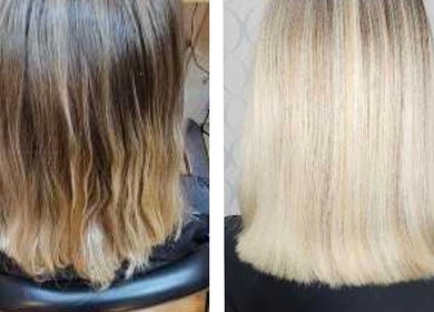 Hair transformation from brunette to blonde at HAIRBYGINGERMTL, Montréal, Québec, CA. Vibrant new look.