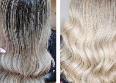 Before and after blonde hair makeover at HAIRBYGINGERMTL, Montréal, Québec, CA showcasing stunning waves.