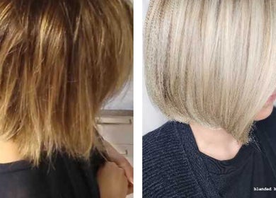 Before and after hairstyle transformation at HAIRBYGINGERMTL, Montréal, Québec, CA showcasing a fresh blonde bob.