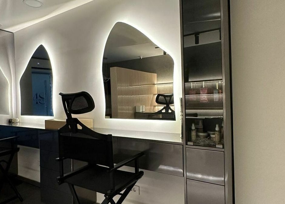 Elegant salon station at Maya Sawaya Beauty Lounge in Jal El Dib, LB, featuring modern lighting and sleek design.