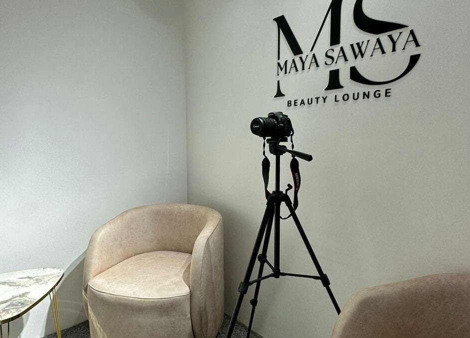 Elegant interior of Maya Sawaya Beauty Lounge, Jal El Dib, LB with cozy seating and camera setup.