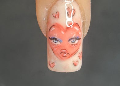Intricate heart-shaped face nail art at The Beauty Bar, Drumoak, Scotland, GB.