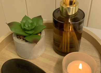 A tranquil setup with a candle, diffuser, and succulent at Botanical Beauty, Swadlincote, England, GB.