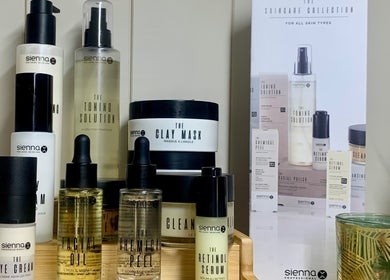 Sienna skincare products at Botanical Beauty, Swadlincote, England, GB. Elegantly arranged spa essentials.