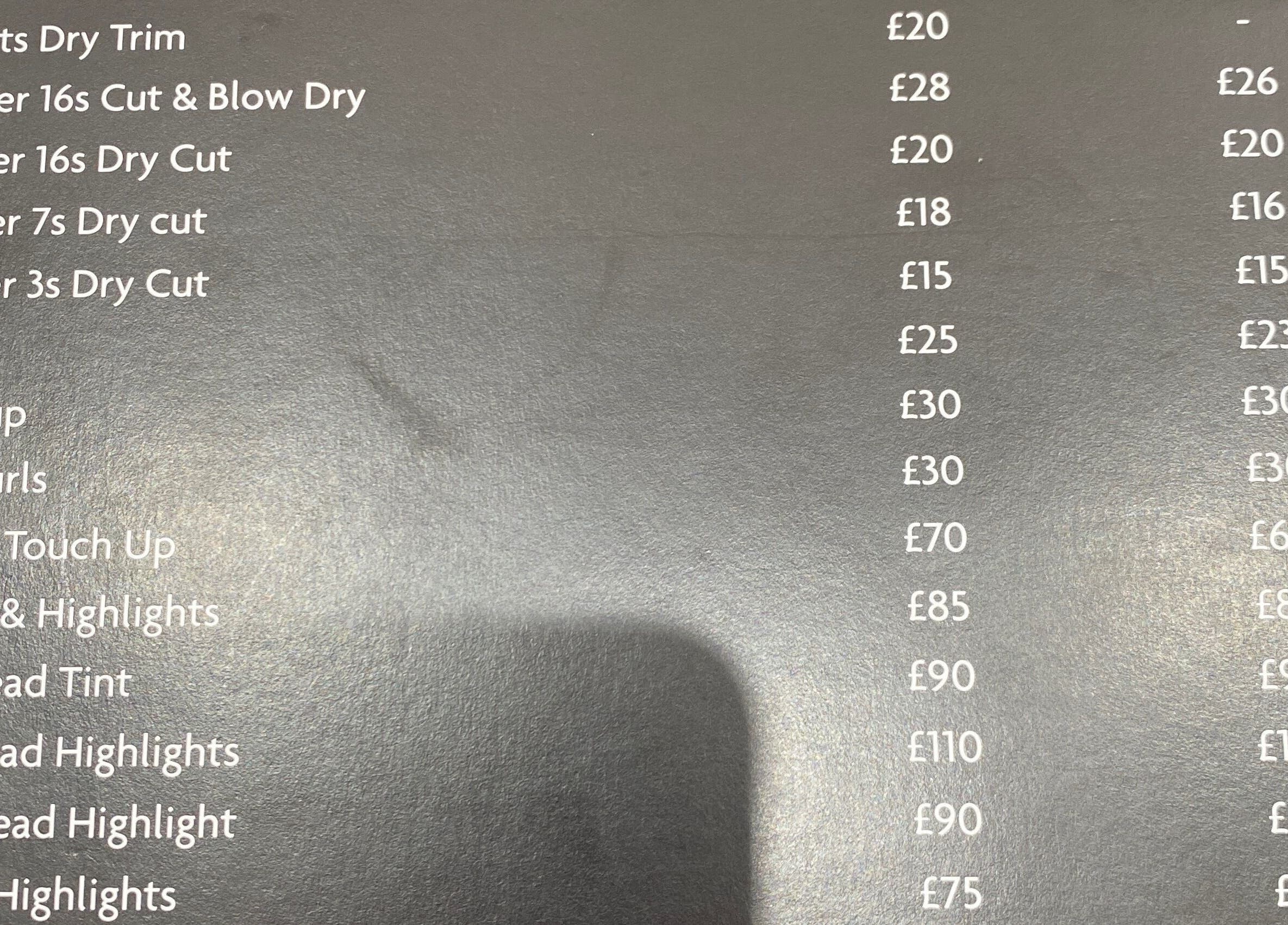 KHD service price list showcasing hair treatments in Newtongrange, Scotland, GB.