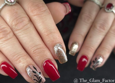Elegant red and glitter nails at The Glam Factor_Beauty & Tan Can in Krugersdorp, Gauteng, ZA.
