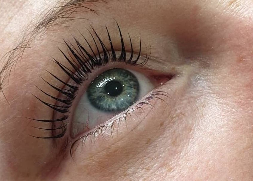 Close-up of enhanced lashes at Glow Beauty Works, Dartford, England, GB.