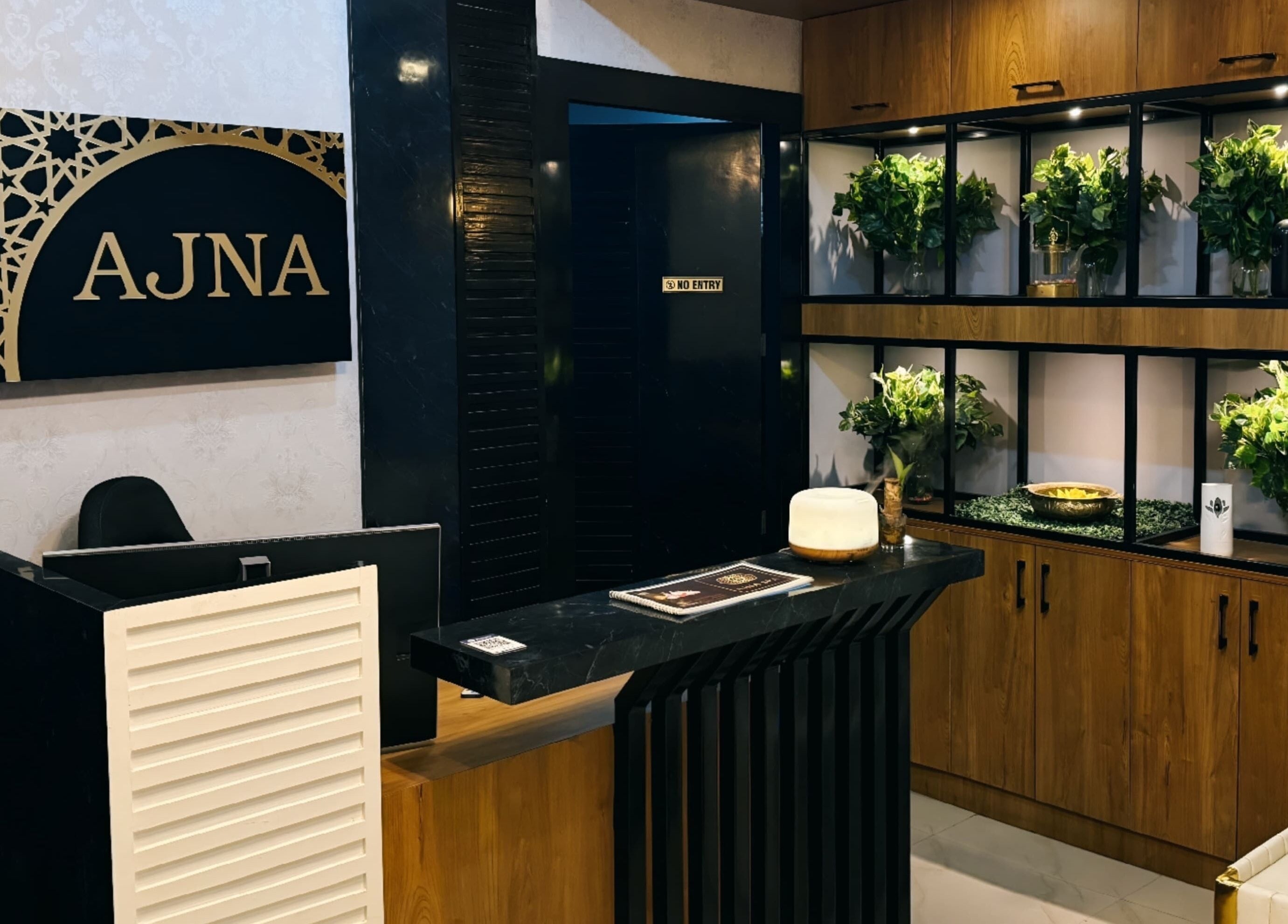 Ajna Spa reception area with elegant decor, Bengaluru, Karnataka, IN.