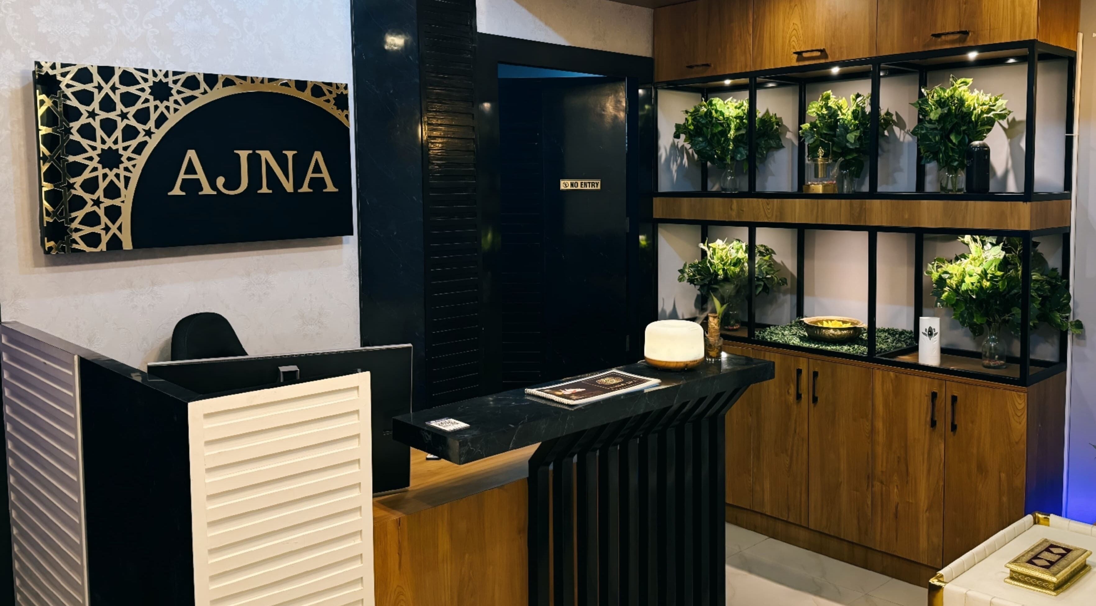 Ajna Spa reception area with elegant decor, Bengaluru, Karnataka, IN.