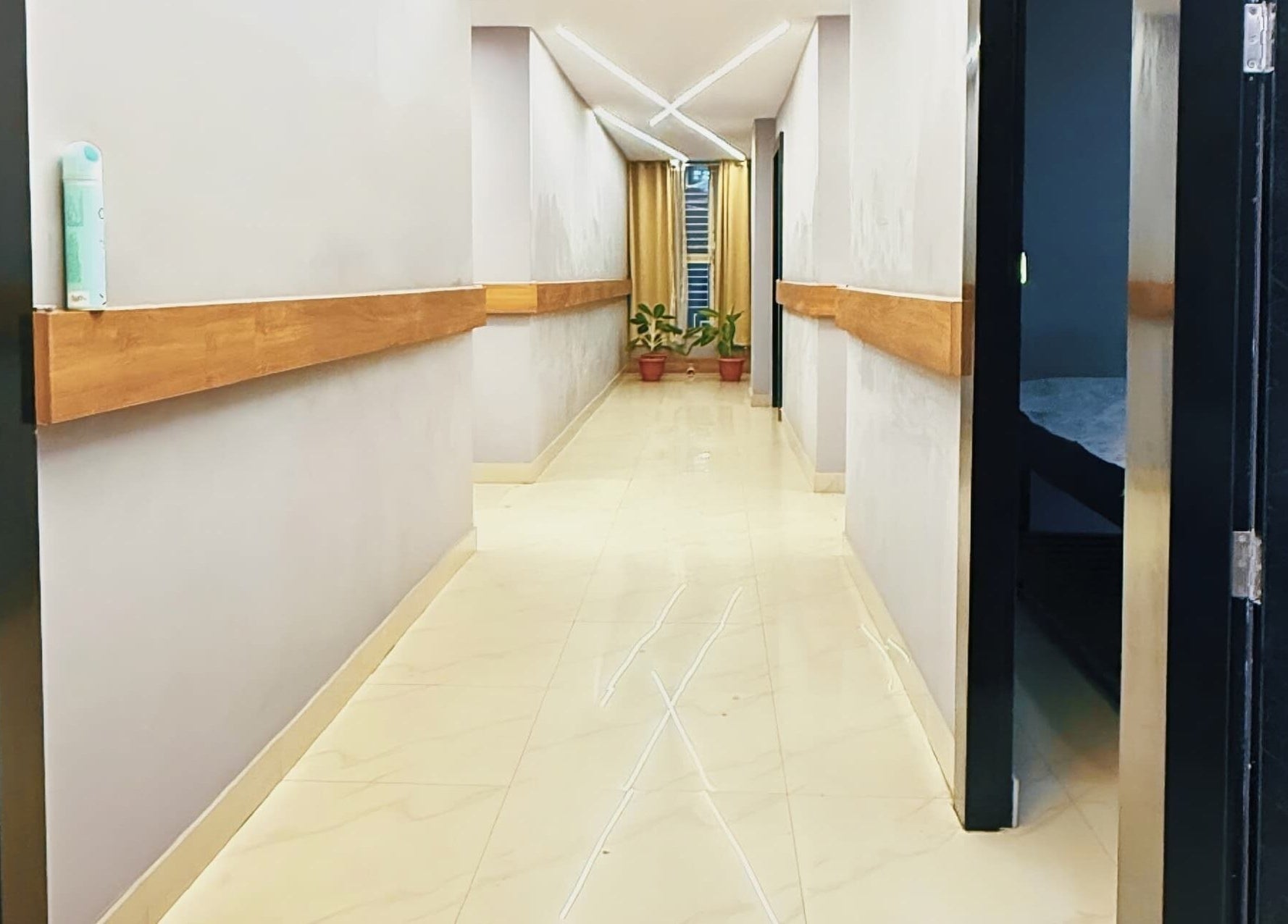 Bright corridor at Ajna Spa, Bengaluru, Karnataka, IN with potted plants and luminous design.