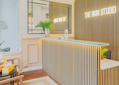 Sophisticated reception area at The Skin Studio in London, England, GB, featuring modern decor and lush greenery.