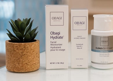 Skincare products displayed at The Skin Studio, London, England, GB, featuring Obagi Medical line.
