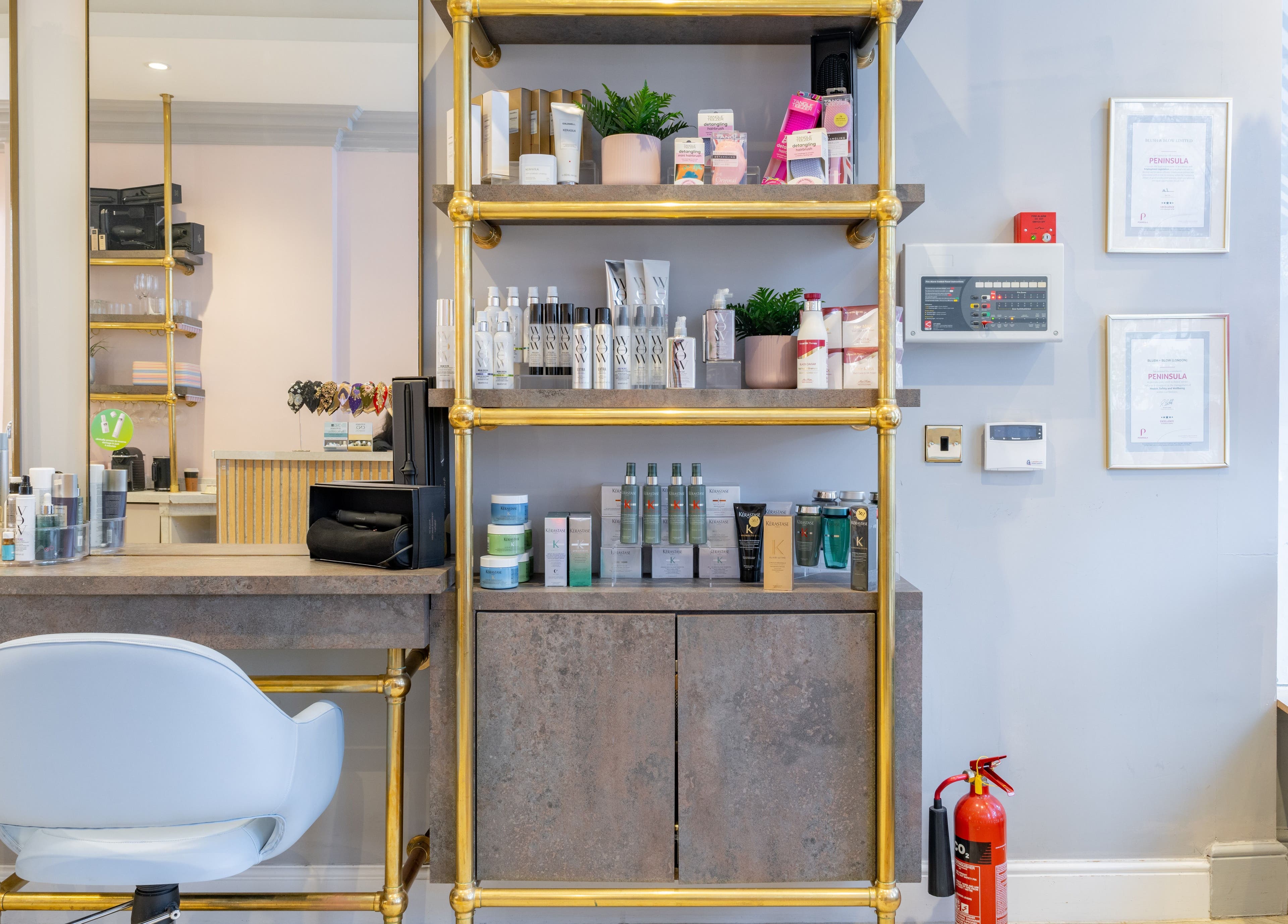 Chic shelves with beauty products at Blush + Blow London, London, England, GB.