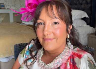 Client with a stylish look and fascinator at Aroha Makeup, Cwmbran, Wales, GB.