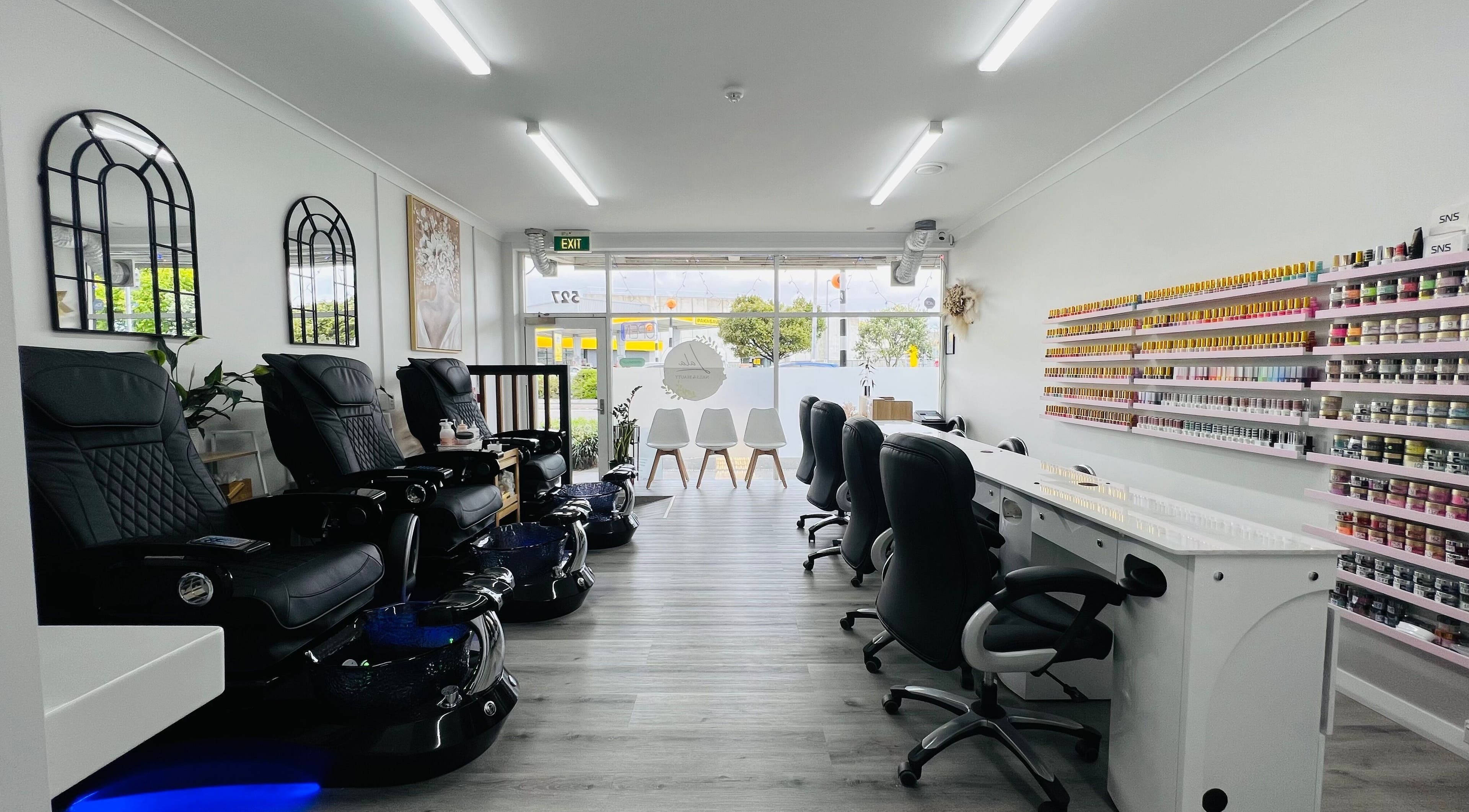 Modern interior of Lala Nails and Beauty in Lower Hutt, Wellington, NZ featuring cozy pedicure chairs.