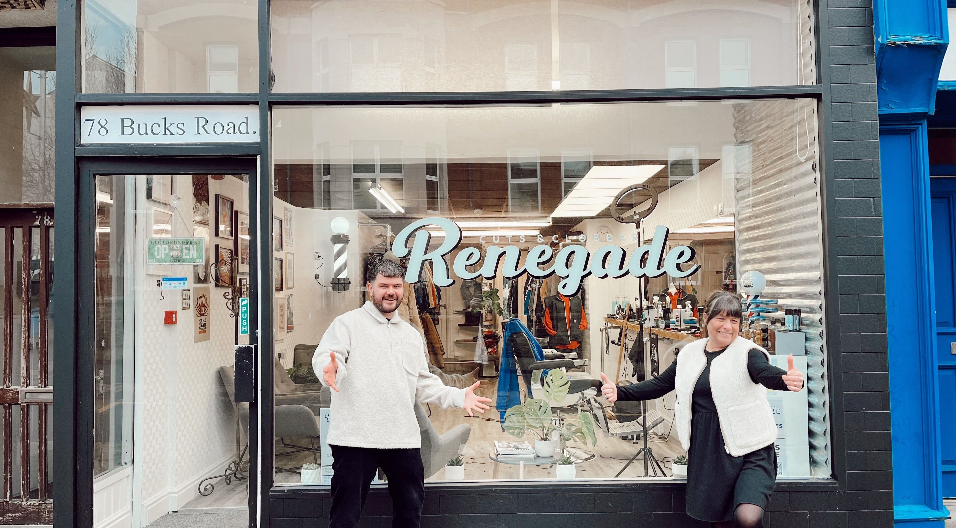 Front of Renegade: Cuts and Clobber in Douglas, Douglas, IM with welcoming staff.