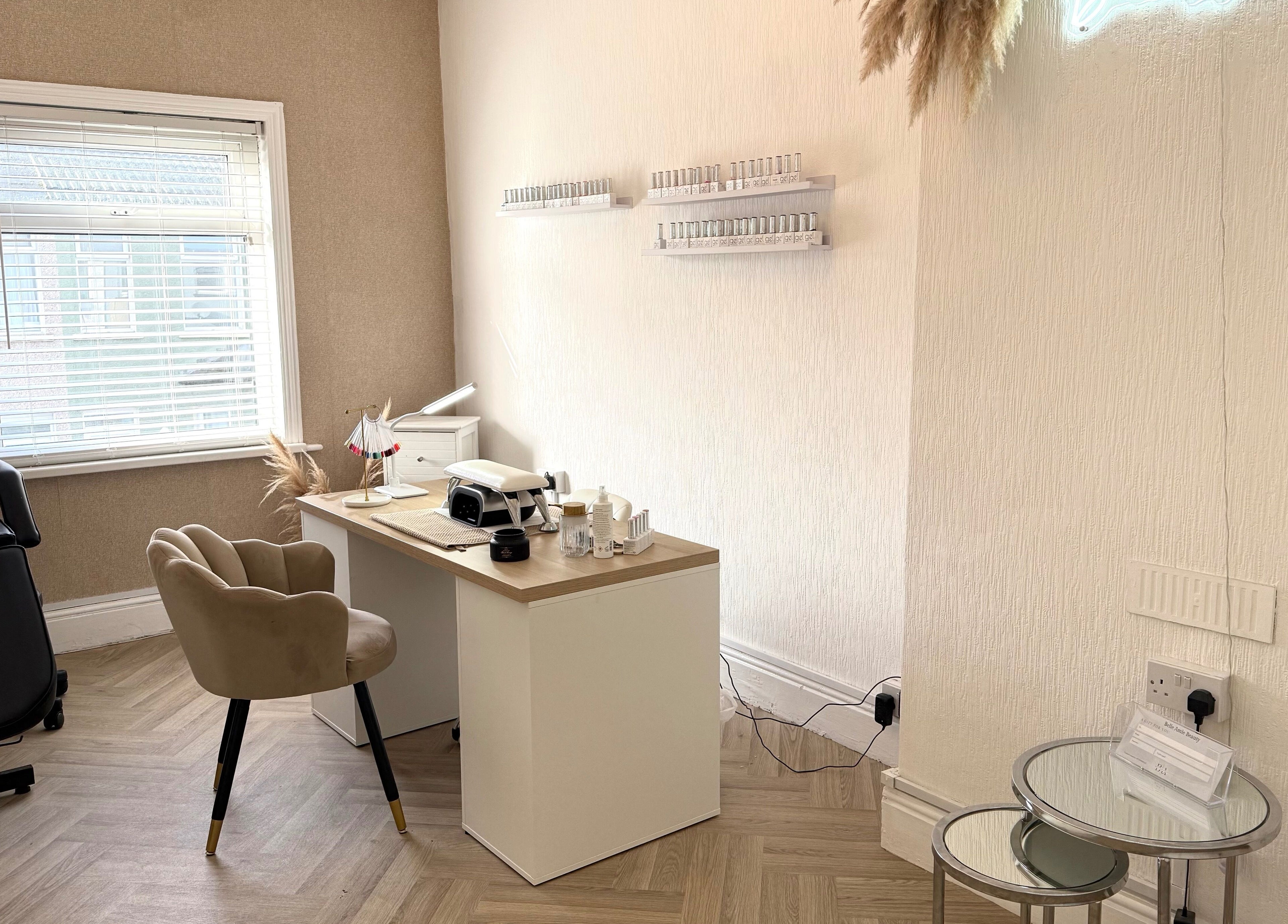 SJH Beauty cozy nail corner with beige chair and desk in Newport, Wales, GB.