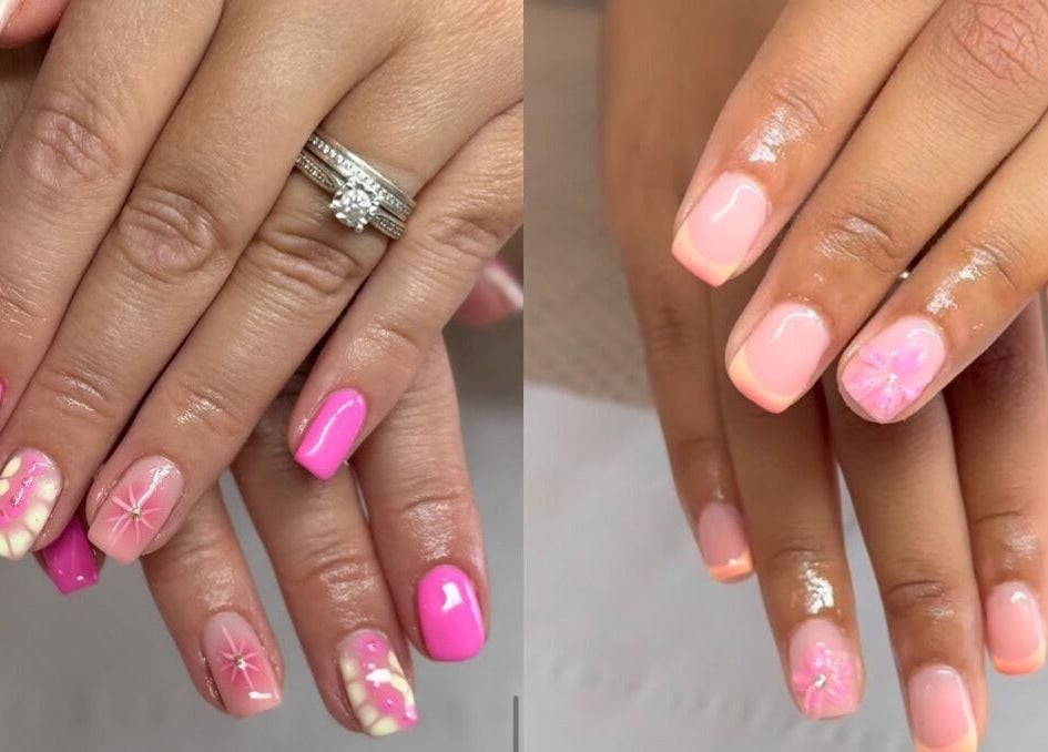 Vibrant pink floral nail designs at SJH Beauty, Newport, Wales, GB, showcasing elegance and style.