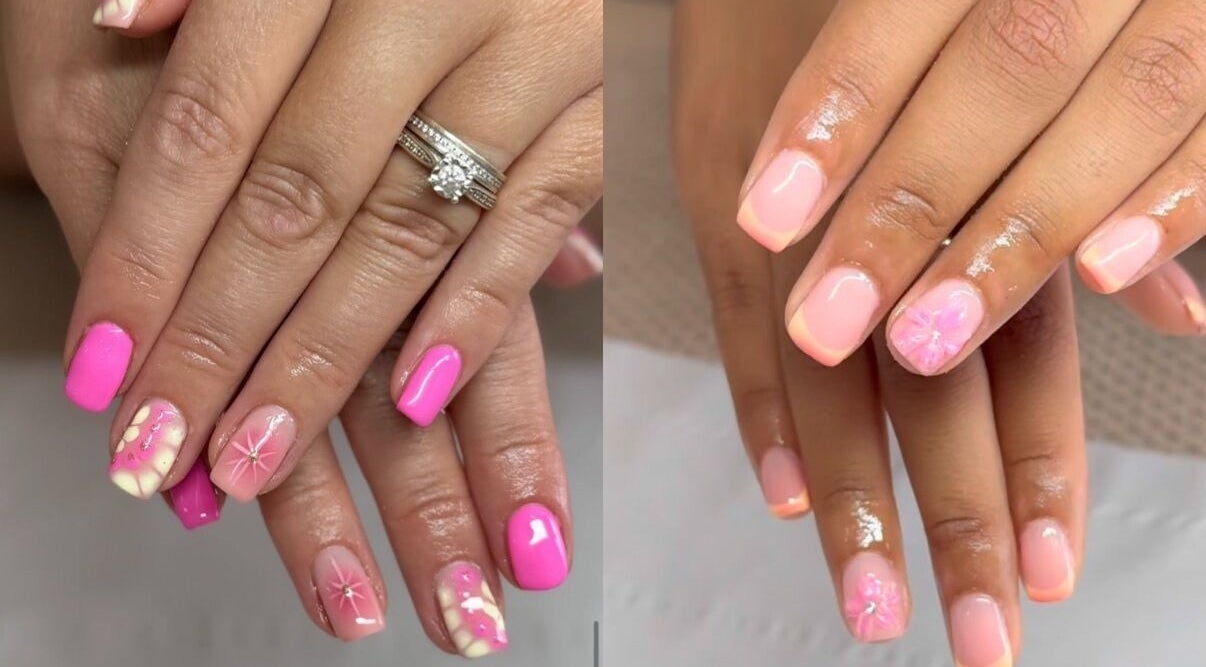 Vibrant pink floral nail designs at SJH Beauty, Newport, Wales, GB, showcasing elegance and style.