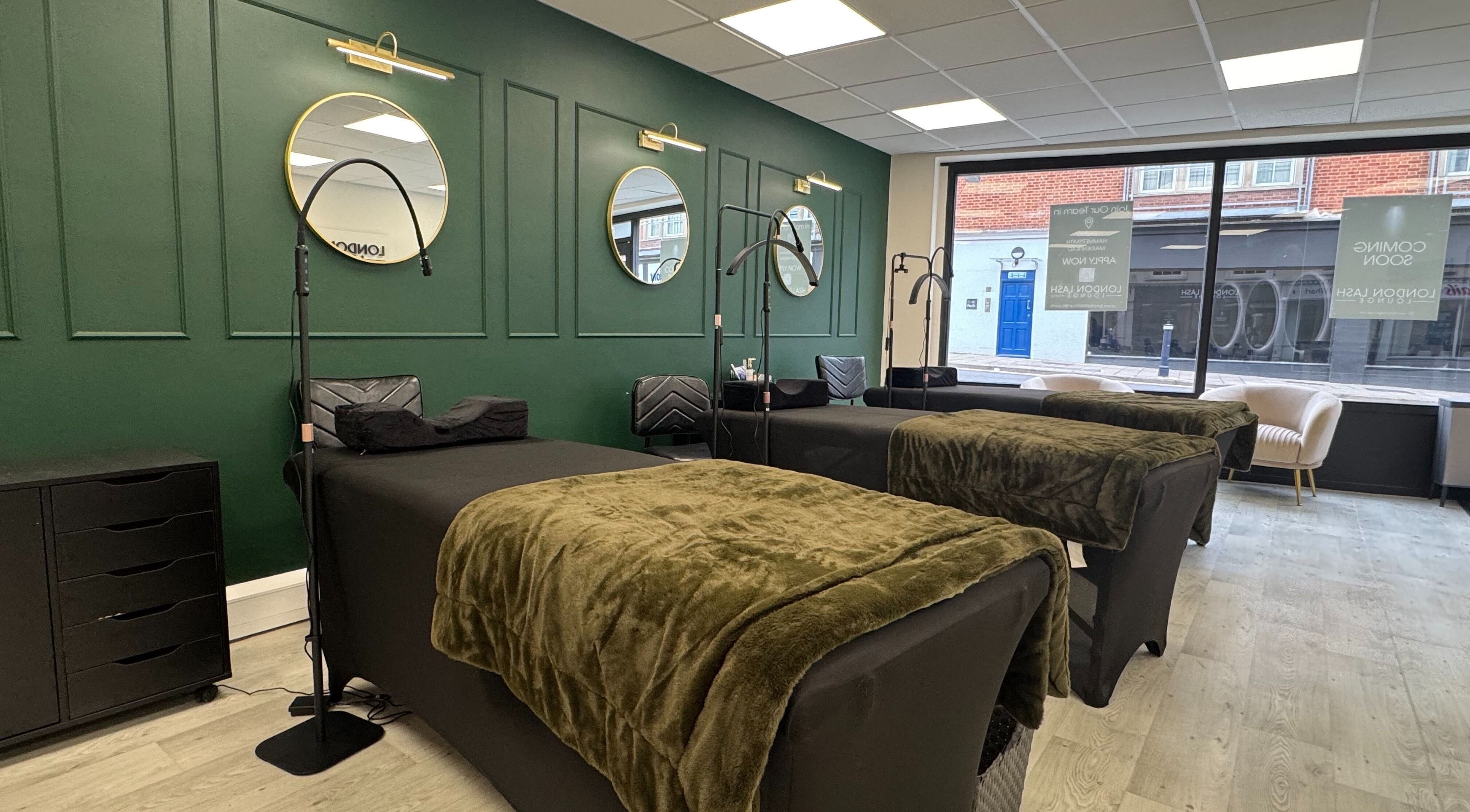 Interior of London Lash Lounge Maidenhead, with cozy beds and stylish decor in Maidenhead, England, GB.