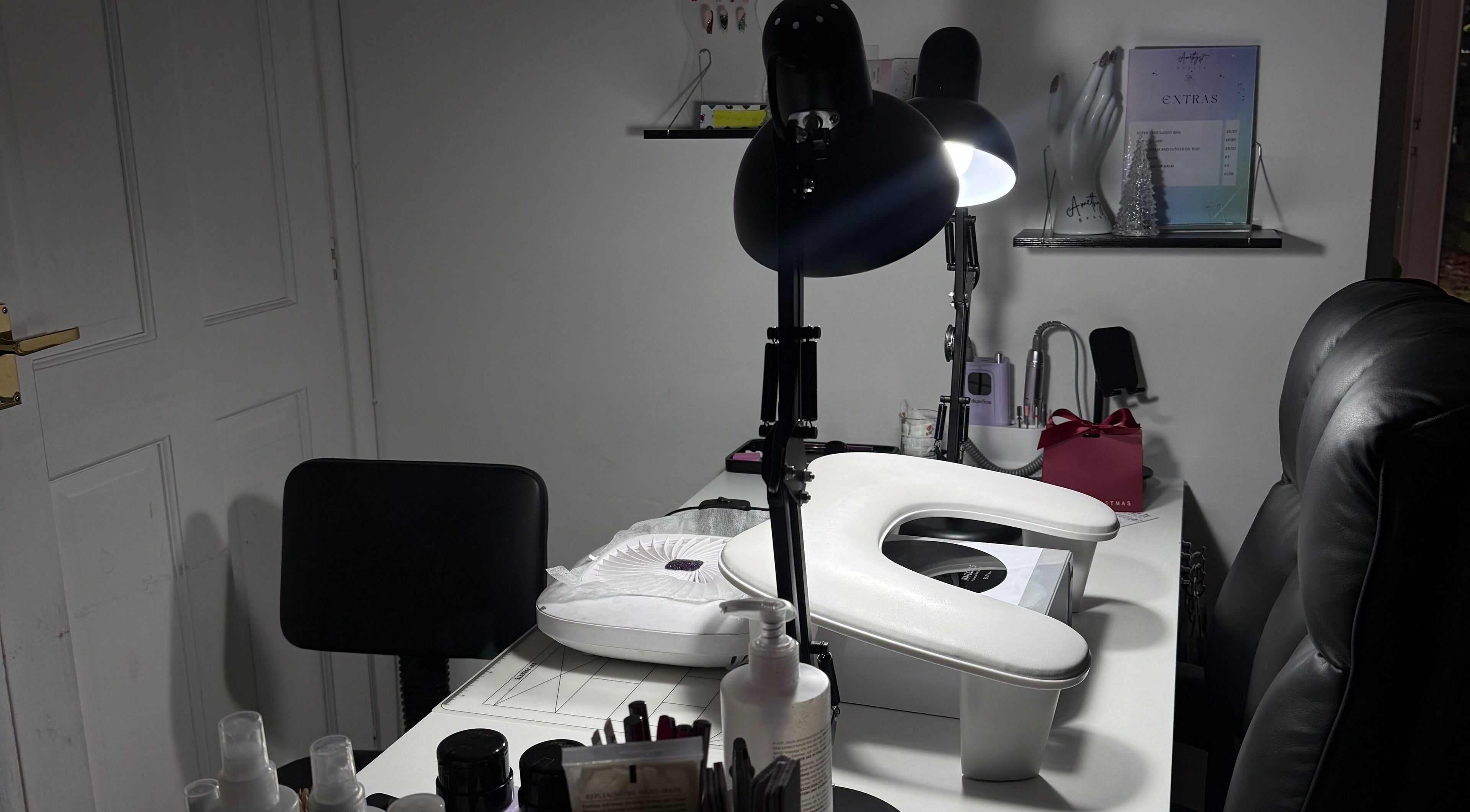Amethyst Beauty nail station with modern tools, Westhill, Scotland, GB. Cozy, professional setup.