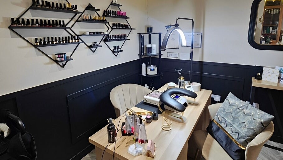 Cozy nail service area with polish display at Scarra Beauty, Oban, Scotland, GB.