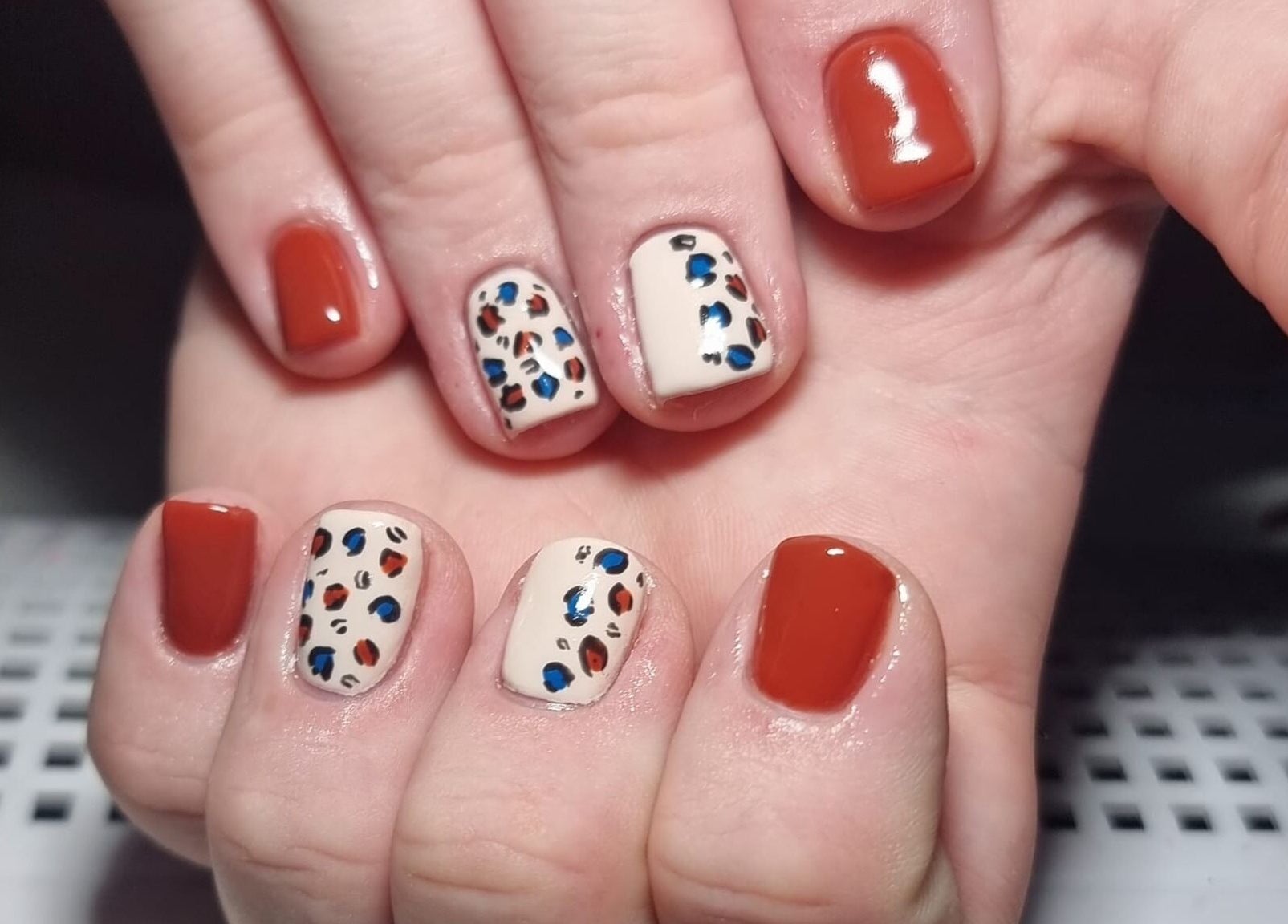 Stylish leopard print nail art at Scarra Beauty, Oban, Scotland, GB.
