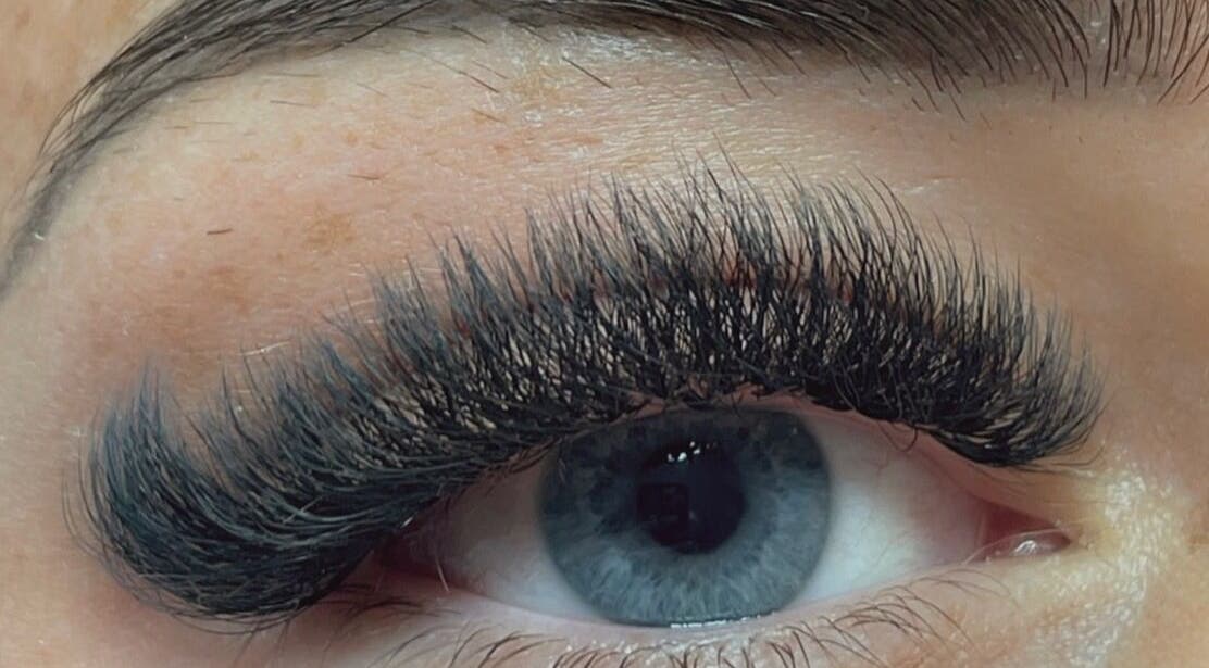 Close-up of eyelash extensions at Lashes & Skincare, Barking, England, GB, showcasing detailed lash work.