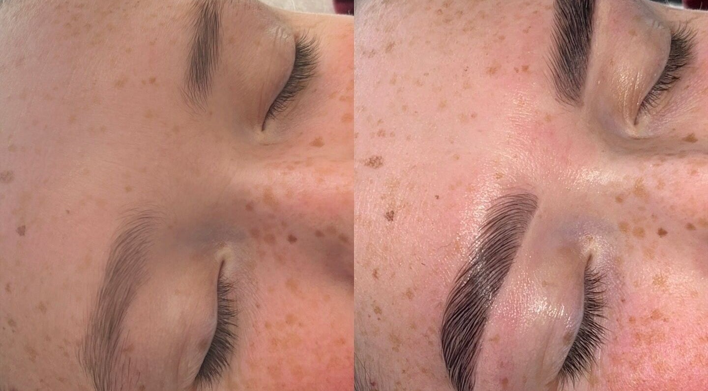 Eyebrow transformation at Beauty By Beth showcasing enhanced brows in NE9, NE10, NE8, GB.