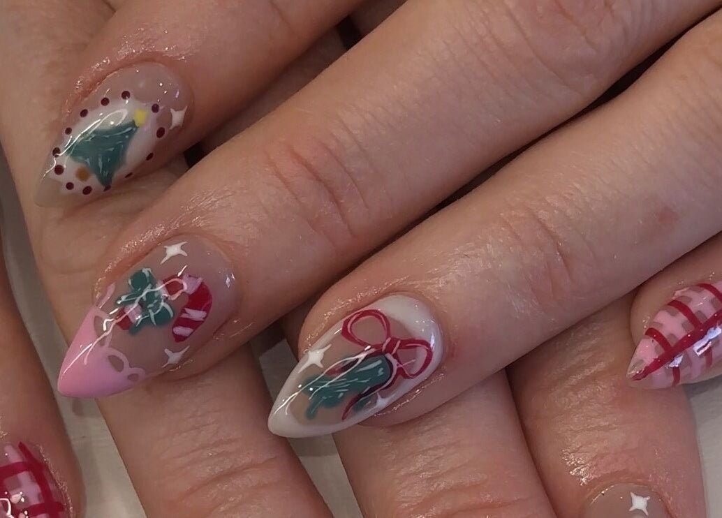 Festive nail designs at Blink Nail Spa (2), Los Angeles, California, US. Holiday-themed, elegant, and artistic.