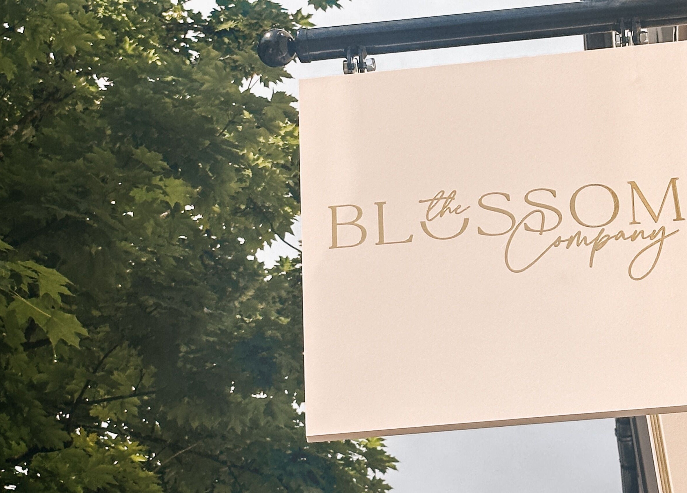 Blossom spa signage amidst lush greenery in Neath, Wales, GB.