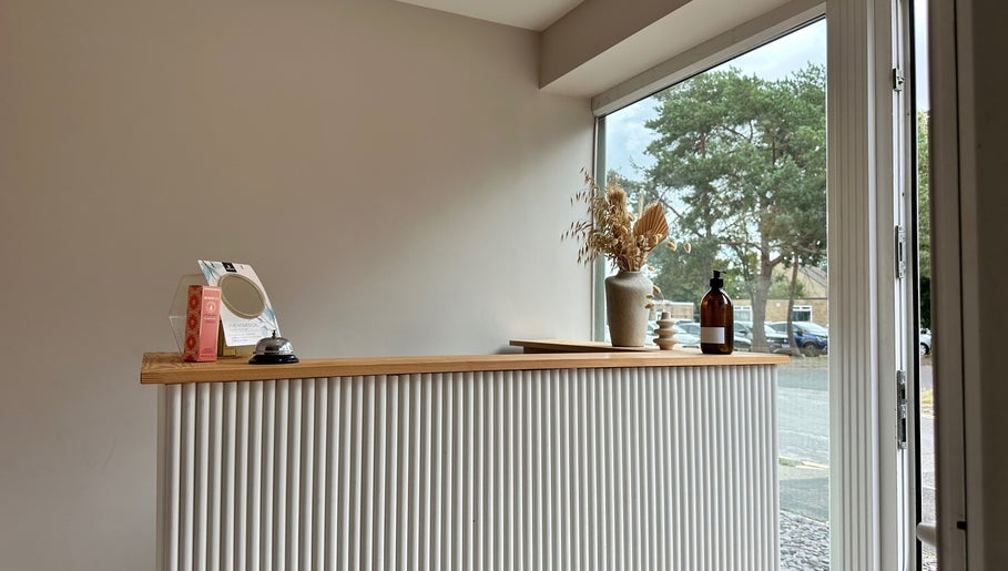 Elegant reception area at Ania Aesthetics - L & Co Beauty in Market Deeping, England, GB with natural decor.